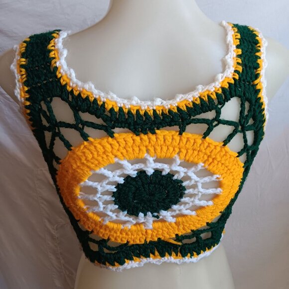 1OF1 Small Handmade Crochet Halter Top Green Yellow White Sunburst 1970's Hippy - Picture 5 of 5